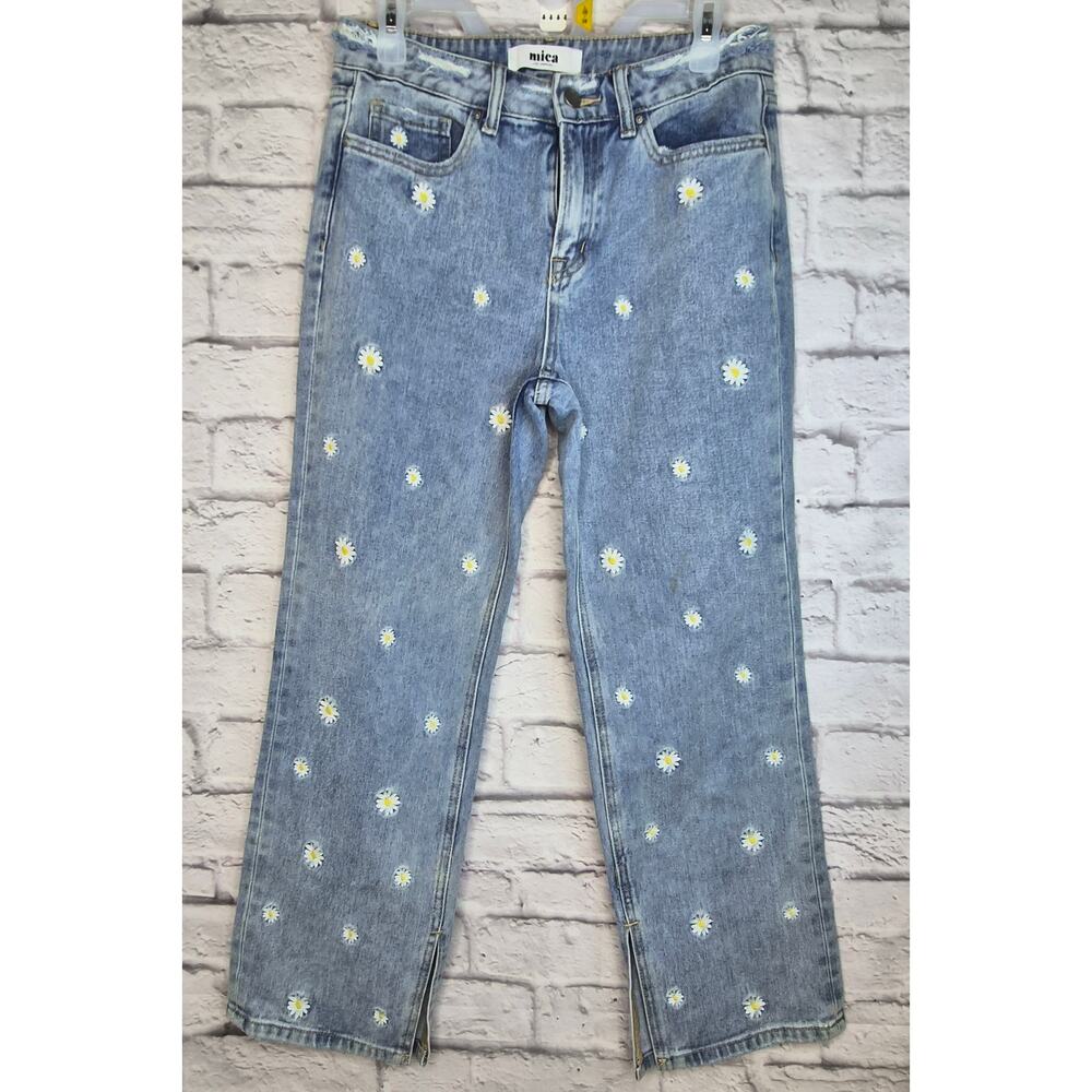 Mica Denim Daisy Embroidered Jeans High Rise Straight Slit Sz 27 Cottagecore